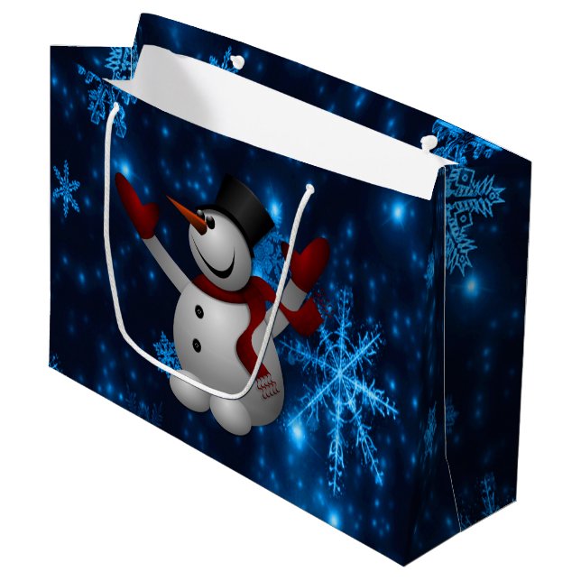 Schneeflocken, tief blau und hell Schneeflocken Sc Große Geschenktüte (Vorderseite Schrägansicht)