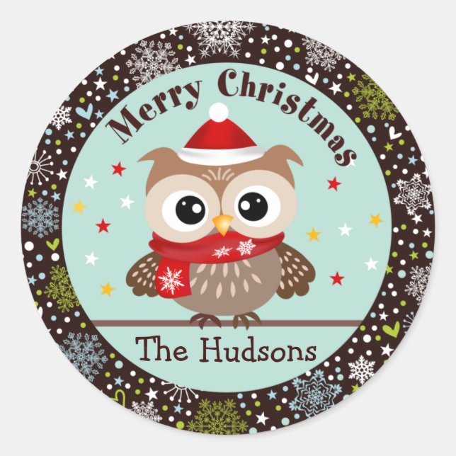 Schneeflocken und Baby Owl Weihnachtskleber Runder Aufkleber (Vorderseite)