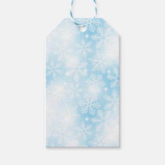 Schneeflocken und blaue Lichter Geschenkanhänger (Vorderseite)