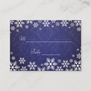 Schneeflocken und Blauer Damast Hochzeitsplatz Platzkarte