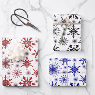 Schneeflocken und Glitzern rot, schwarz und blau Geschenkpapier Set