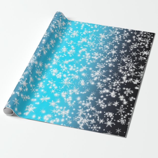 Schneeflocken und Glitzern über blaues Licht Geschenkpapier (Ungerollt)