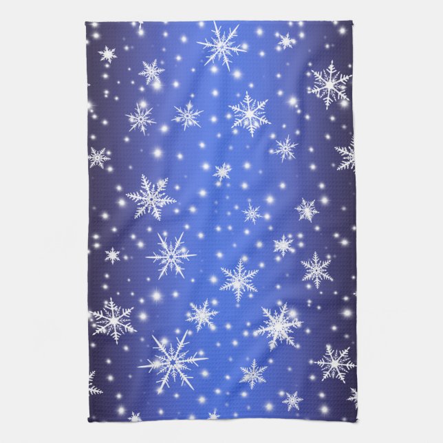 Schneeflocken und Glitzern über Navy Blue Light Geschirrtuch (Vertikal)