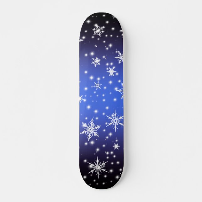 Schneeflocken und Glitzern über Navy Blue Light Skateboard (Vorne)