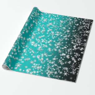 Schneeflocken und Glitzern über Türkis Geschenkpapier