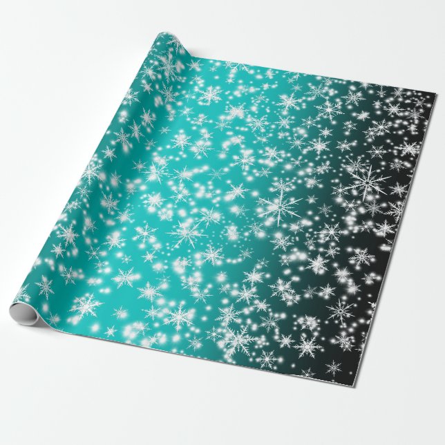 Schneeflocken und Glitzern über Türkis Geschenkpapier (Ungerollt)