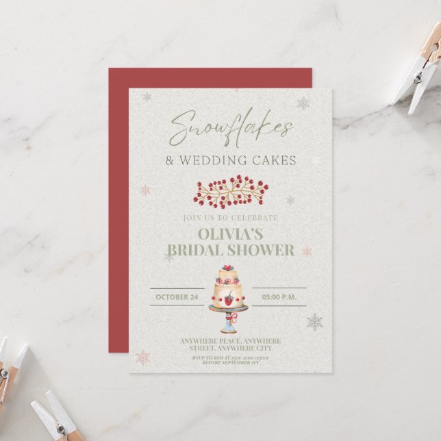 Schneeflocken und Hochzeitstorte Brautparty Einladung (Vorderseite/Rückseite Beispiel)