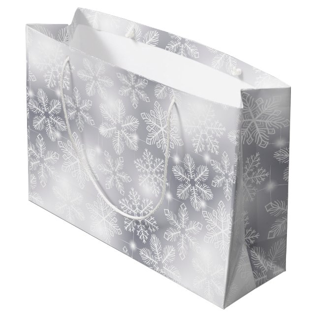 Schneeflocken und Lichter Große Geschenktüte (Rückseite Schrägansicht)
