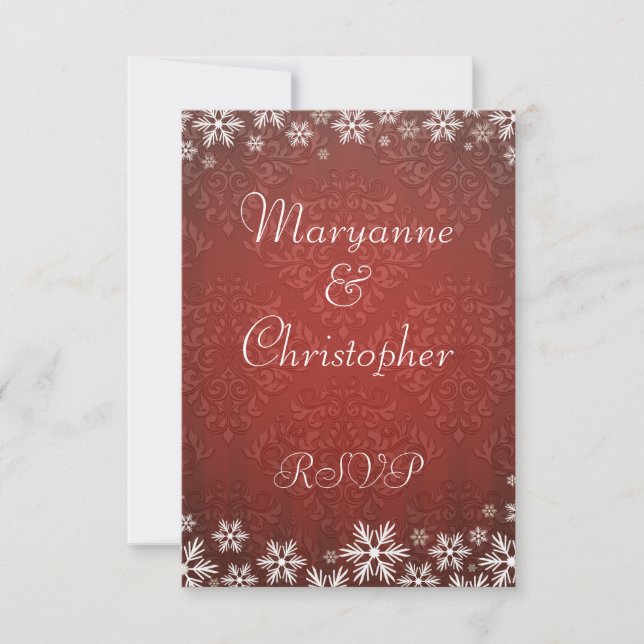 Schneeflocken und Red Damask Wedding UAWG RSVP Karte (Vorderseite)