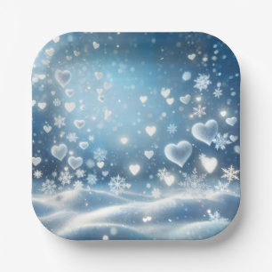 Schneeflocken und Schneeherzen im Winterhimmel Pappteller