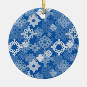 Schneeflocken und Sterne auf indigoem Hintergrund Keramik Ornament