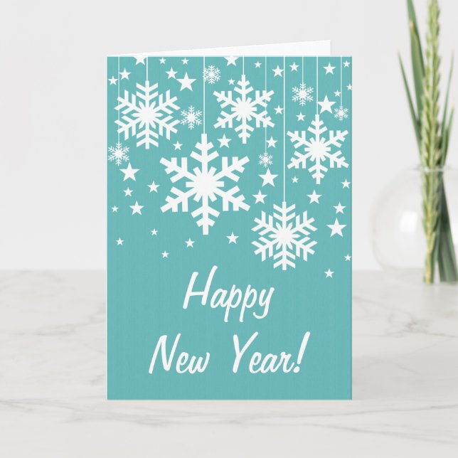 Schneeflocken und Sterne Neujahrskarte, Aqua Feiertagskarte (Vorderseite)