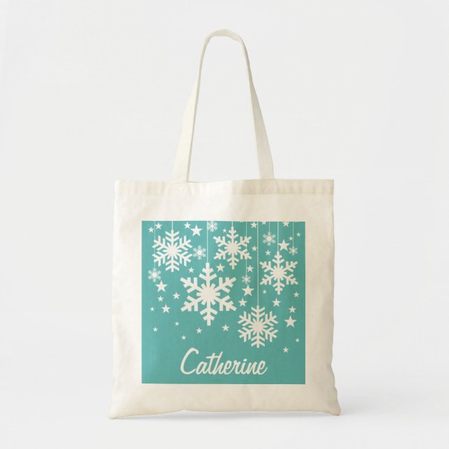 Schneeflocken und Sterne Tote Tasche, Aqua Tragetasche (Vorne)