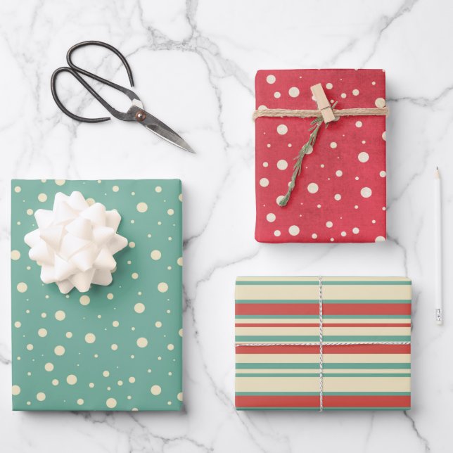 Schneeflocken und Streifen Geschenkpapier Set (Vorderseite)