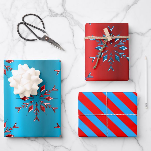 Schneeflocken und Streifen Rot und Blau Weihnachte Geschenkpapier Set (Vorderseite)