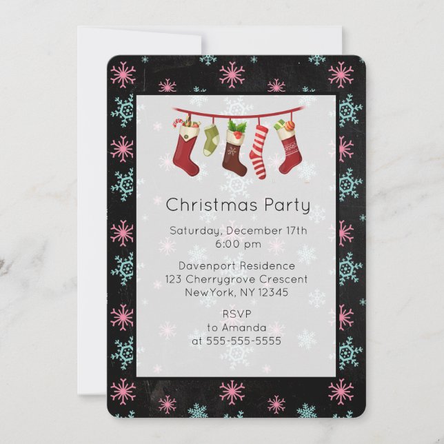 Schneeflocken und Strumpf Weihnachts-Party laden e Einladung (Vorderseite)