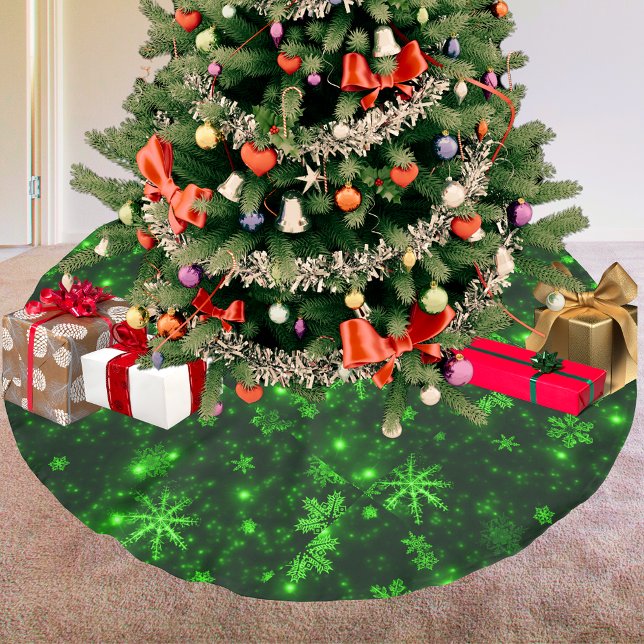 Schneeflocken und tiefgrünes Hintergrunderock-Rock Polyester Weihnachtsbaumdecke (Snowflakes and Deep Green Background Tree Skirt)