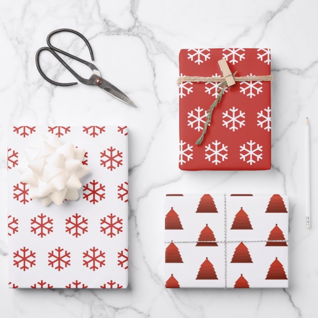 Schneeflocken und Weihnachtsbaummuster Geschenkpapier Set (Vorderseite)