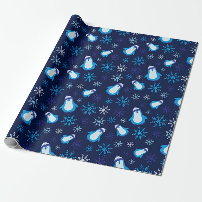 Schneeflocken und Winterpinguine Dunkle Marine Nah Geschenkpapier (Ungerollt)