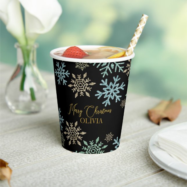 Schneeflocken Weihnachten Grün Gold Pappbecher (In Situ)
