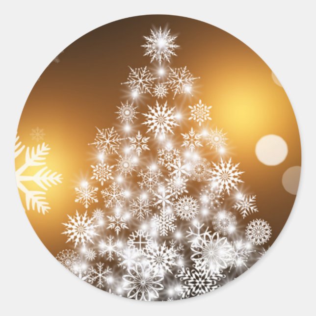 Schneeflocken Weihnachtsbaum mit goldenem Hintergr Runder Aufkleber (Vorderseite)