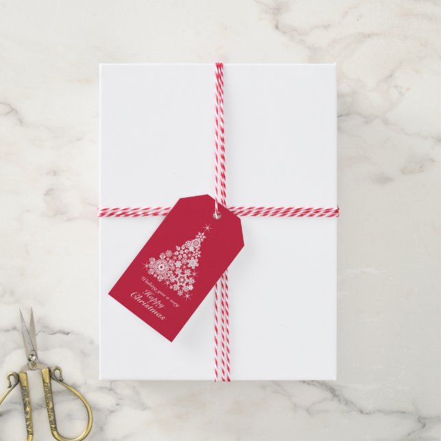 Schneeflocken Weihnachtsbaum rot-weiß Geschenkmark Geschenkanhänger (Mit Garn)