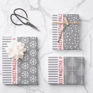 Schneeflocken, Weihnachtsbäume, graue Kraftstreife Geschenkpapier Set