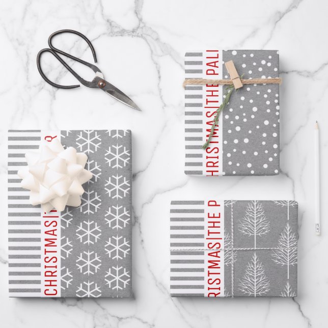 Schneeflocken, Weihnachtsbäume, graue Kraftstreife Geschenkpapier Set (Vorderseite)