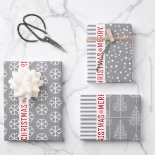 Schneeflocken, Weihnachtsbäume, graue Kraftstreife Geschenkpapier Set