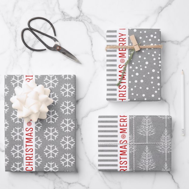 Schneeflocken, Weihnachtsbäume, graue Kraftstreife Geschenkpapier Set (Vorderseite)