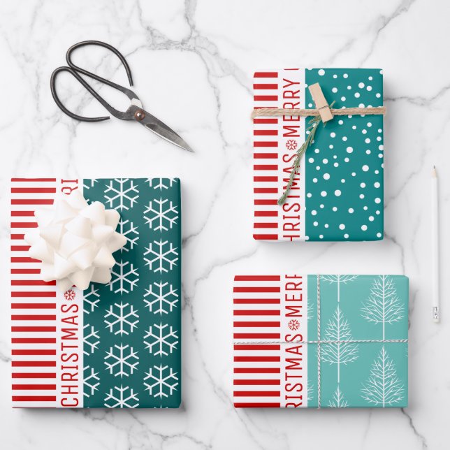 Schneeflocken, Weihnachtsbäume, rote Streifen aqua Geschenkpapier Set (Vorderseite)