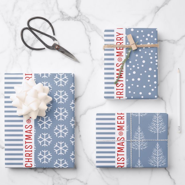 Schneeflocken, Weihnachtsbäume staubige blaue Stre Geschenkpapier Set (Vorderseite)