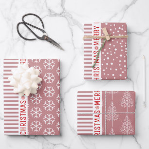 Schneeflocken, Weihnachtsbäume staubige Rose Strei Geschenkpapier Set