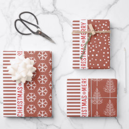 Schneeflocken, Weihnachtsbäume Terrakotta Streifen Geschenkpapier Set