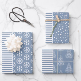 Schneeflocken, Weihnachtsbäume und Streifen staubb Geschenkpapier Set