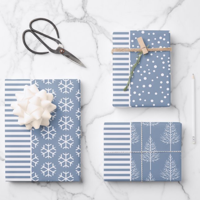 Schneeflocken, Weihnachtsbäume und Streifen staubb Geschenkpapier Set (Vorderseite)