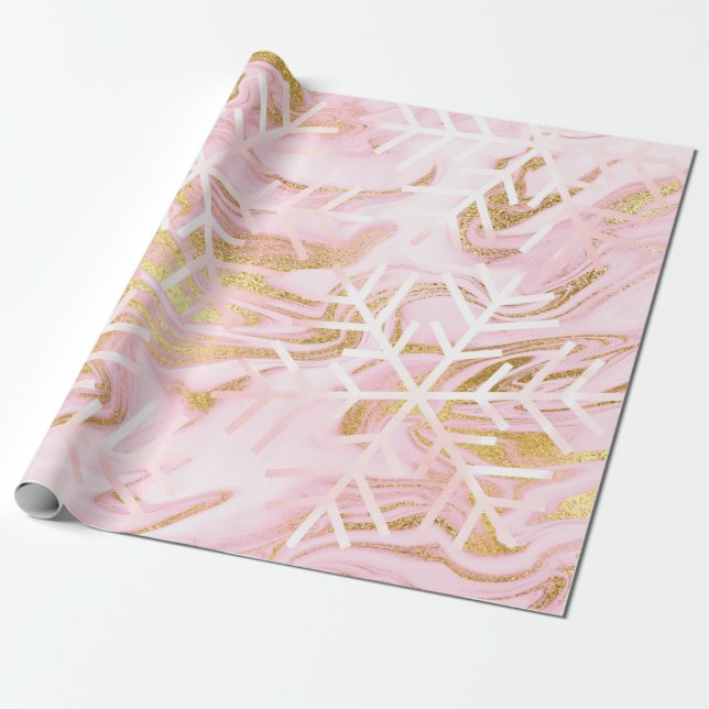 Schneeflocken Weihnachtsmarmor Pink Gold Geschenkpapier (Ungerollt)