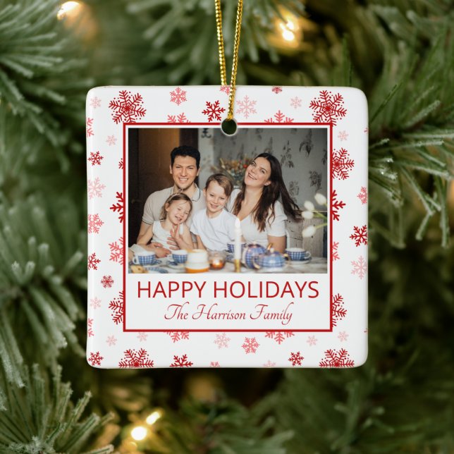 Schneeflocken Weiß 2 Fotos Happy Holidays Familie Keramikornament (Baum)