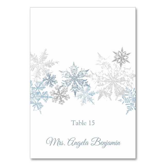 Schneeflocken Winter Hochzeit Elegante Platzkarte Tischnummer (Vorderseite)