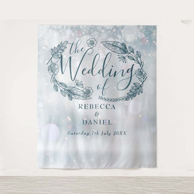 Schneeflocken-Winter-Hochzeitskulisse Wandteppich (Vorderseite)