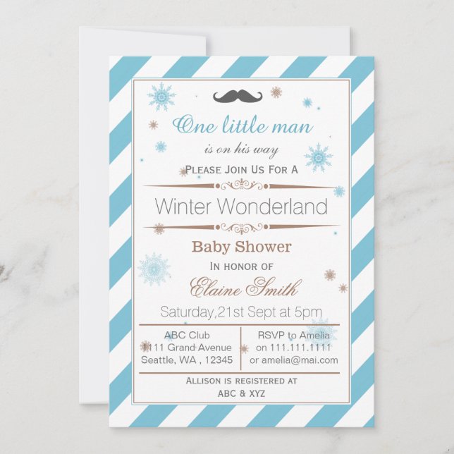 Schneeflocken Winter Mustache Babydusche Einladung (Vorderseite)