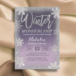 Schneeflocken Winter Wonderland Lila Babydusche Einladung