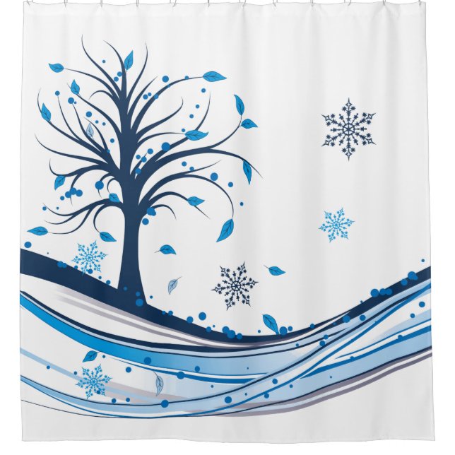 Schneeflocken Winterbaum Blau und Weiß Duschvorhang (Vorderseite)