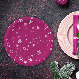 Schneeflockenmuster am Lila Weihnachtsfeiertag Pappteller
