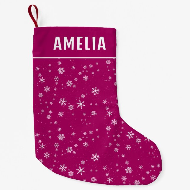 Schneeflockenmuster auf Lila Namen Kleiner Weihnachtsstrumpf (Vorderseite)