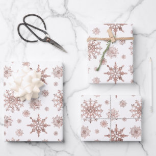 Schneeflockenmuster in Imitaten Rose Gold-Look Far Geschenkpapier Set