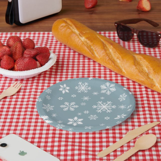 Schneeflockenmuster, weiße Schneeflocken, Schnee,  Pappteller (Picknick)