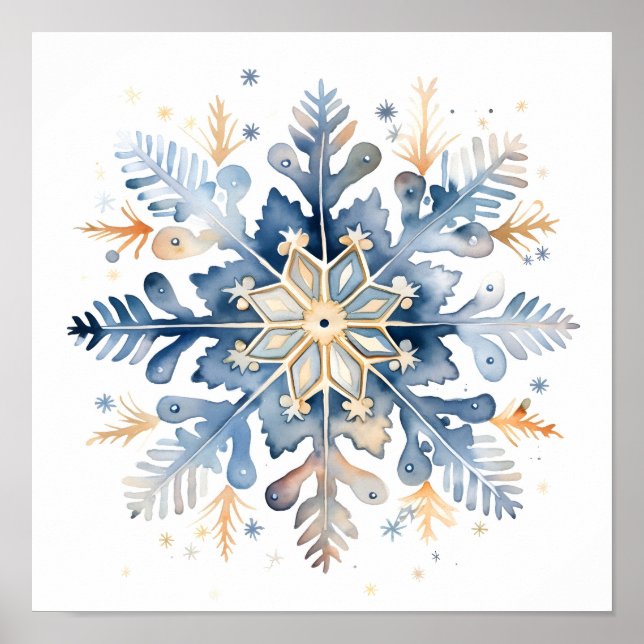 Schneeflockenprint in Blau und Gold Poster (Vorne)