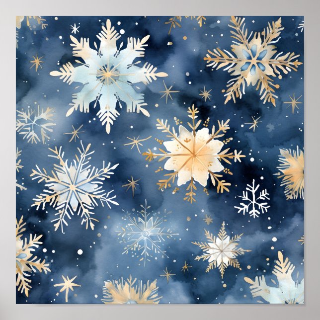 Schneeflockenprint in Blau und Gold Poster (Vorne)