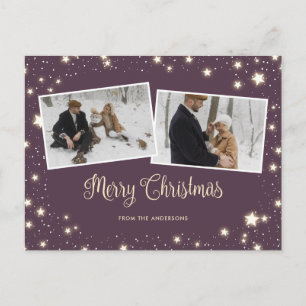 Schneefoto mit lila Sternen Frohe Weihnachten
